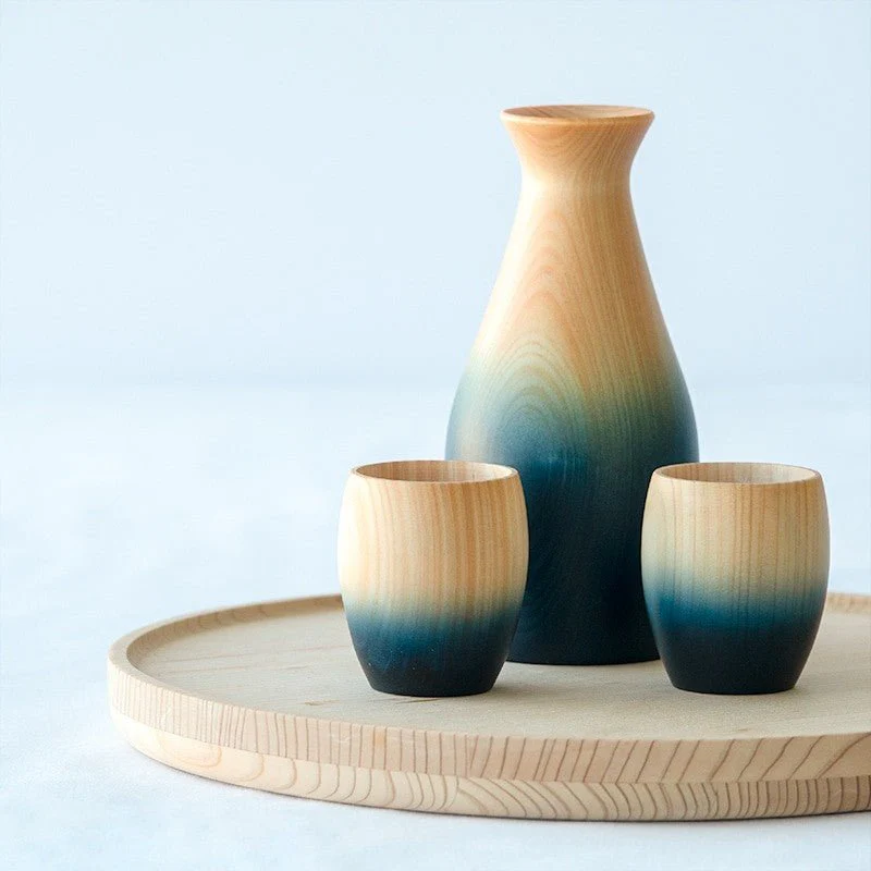 Service à saké indigo en bois de cyprès japonais hinoki - Image 5
