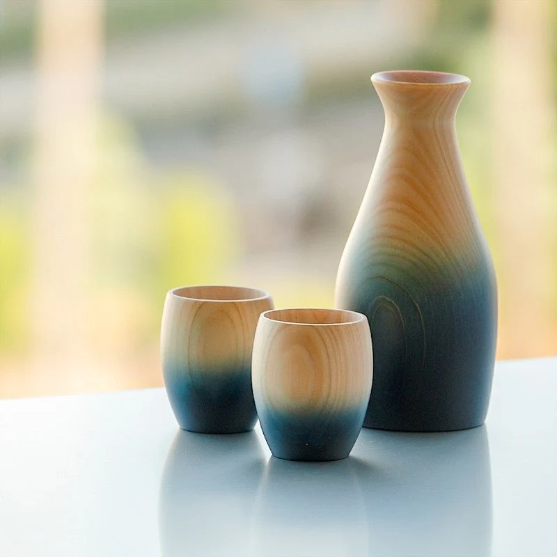 Service à saké indigo en bois de cyprès japonais hinoki - Image 7