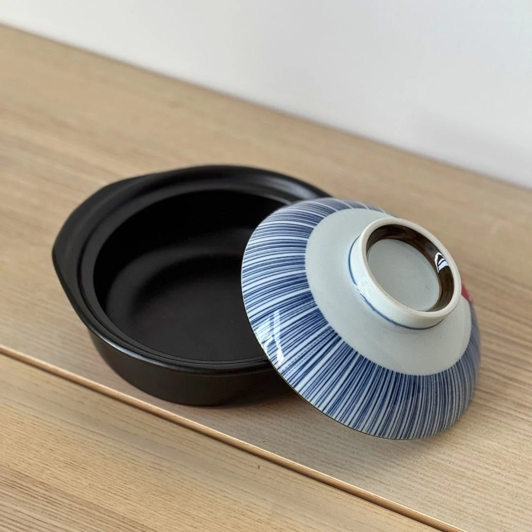 Cocotte bleue en grès avec couvercle à double utilisation Φ18.5cm "Donabe" - Image 2